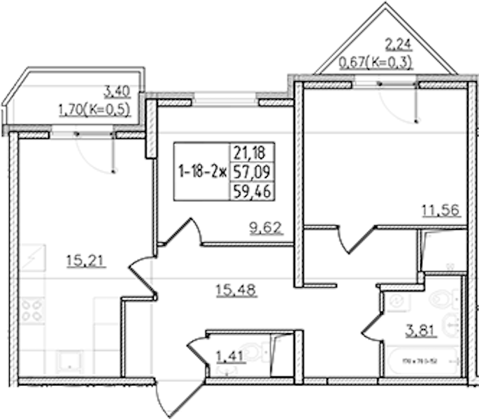 2-комнатная квартира 59.46 м², 18/19 эт., ЖК «Мурино Клаб»